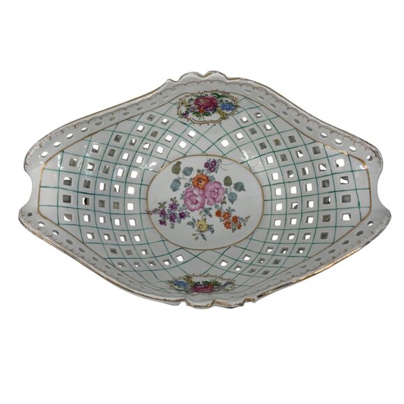 Antique Large Porcelain Floral Footed Centerpiece Bowl encrusted Rose & Leaf - Picture 6 of 16